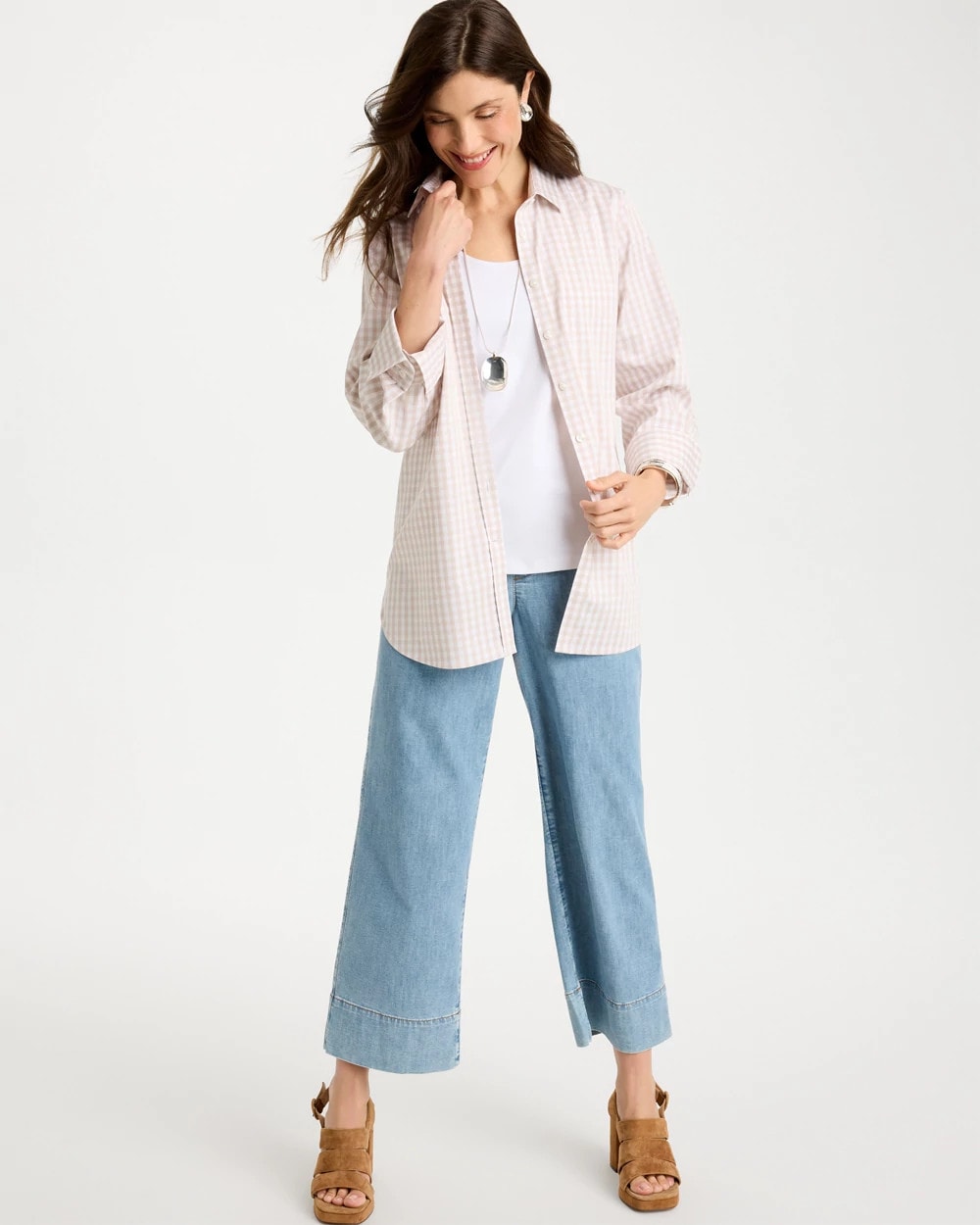 Chico's Classic - No Iron™ Stretch Neutral Gingham Shirt Smokey Taupe