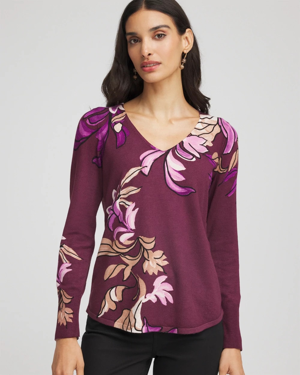 Chico's Trending - Ella V-Neck Artisanal Pullover Sweater Deep Chianti