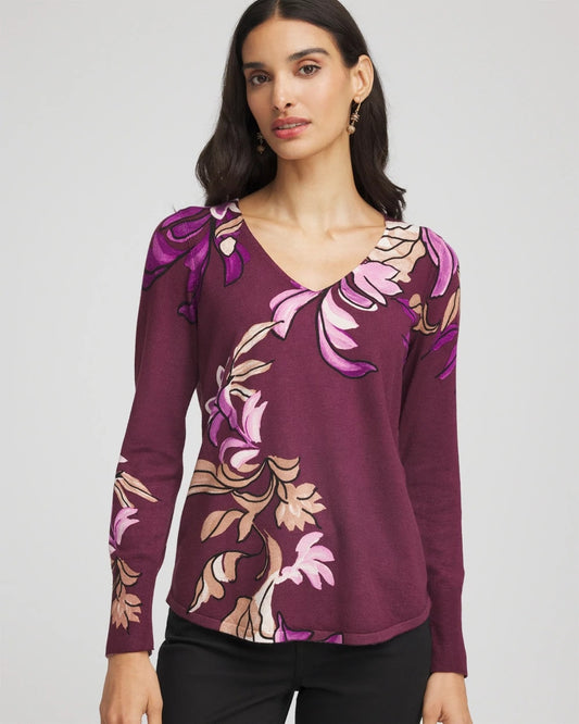 Chico's Trending - Ella V-Neck Artisanal Pullover Sweater Deep Chianti