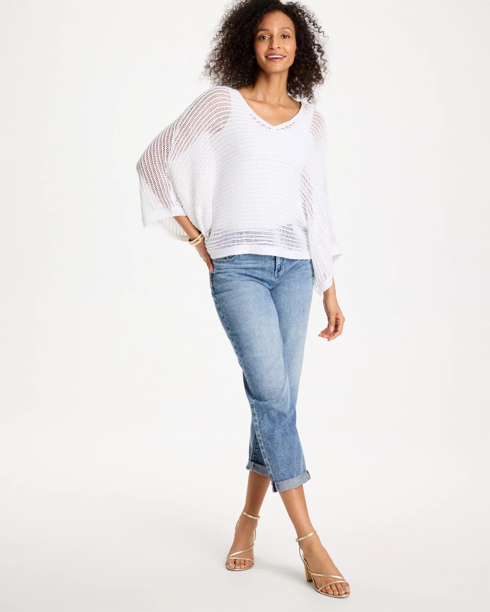 Chico's Trusted - V-Neck Metallic Knit Poncho Alabaster