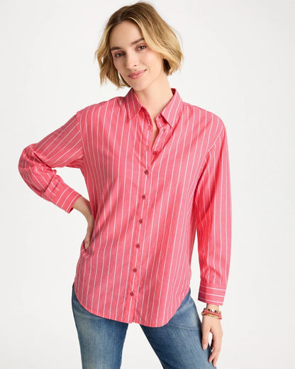 Chico's Exclusive - Cotton Voile Collared Striped Shirt Calypso Coral