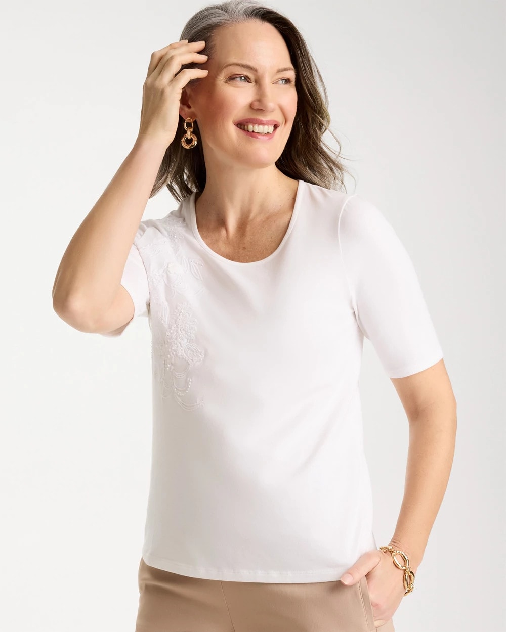 Chico's Smart Buy - Sequin Embroidered Floral Tee Alabaster