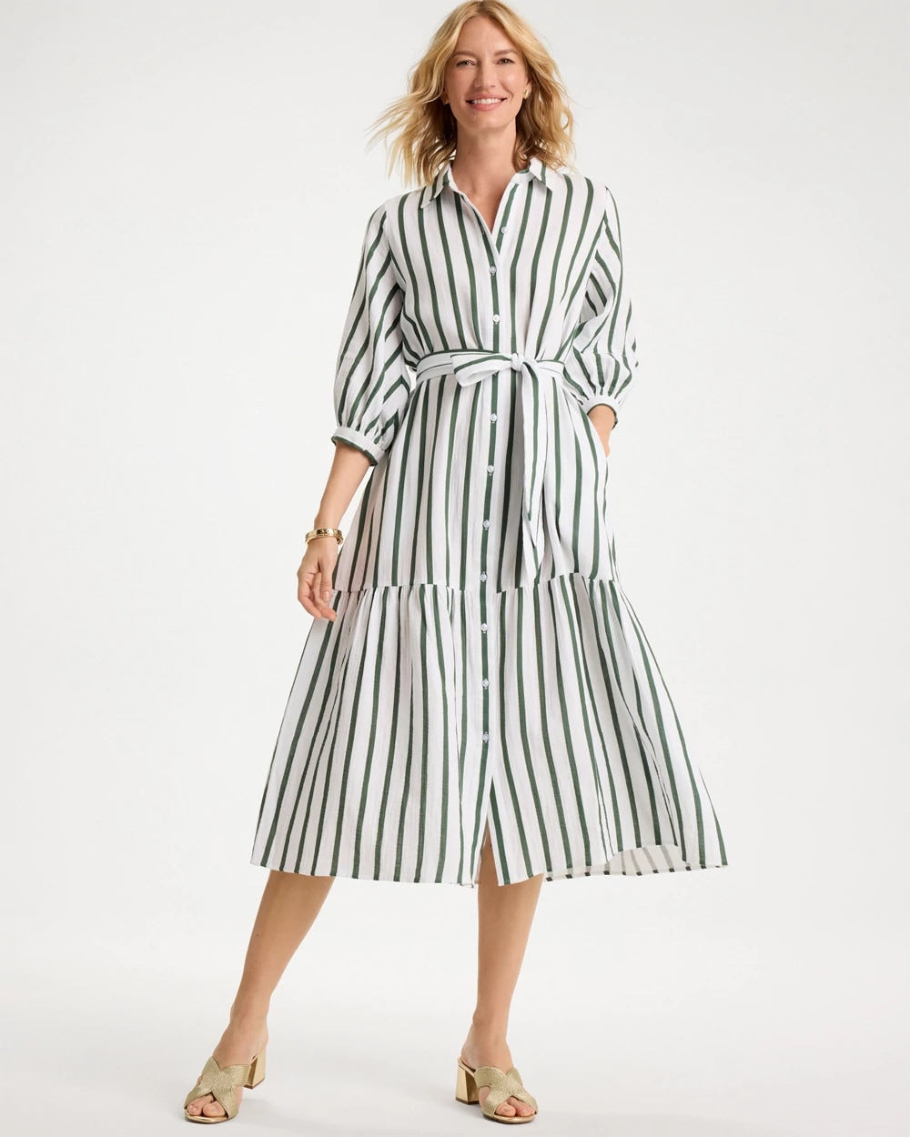 Chico's Latest - Striped Cotton-Gauze Shirtdress Alabaster