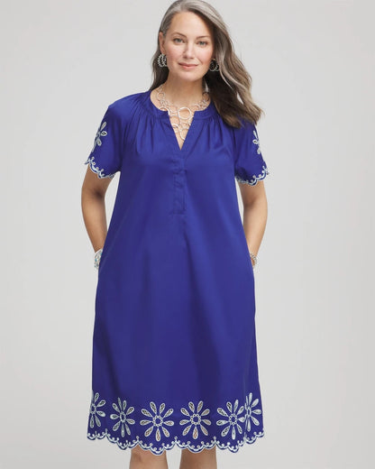 Chico's Great Value - Embroidered Poplin Popover Dress Blue Casa