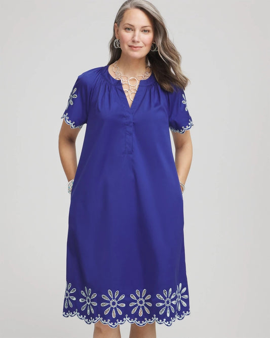 Chico's Great Value - Embroidered Poplin Popover Dress Blue Casa