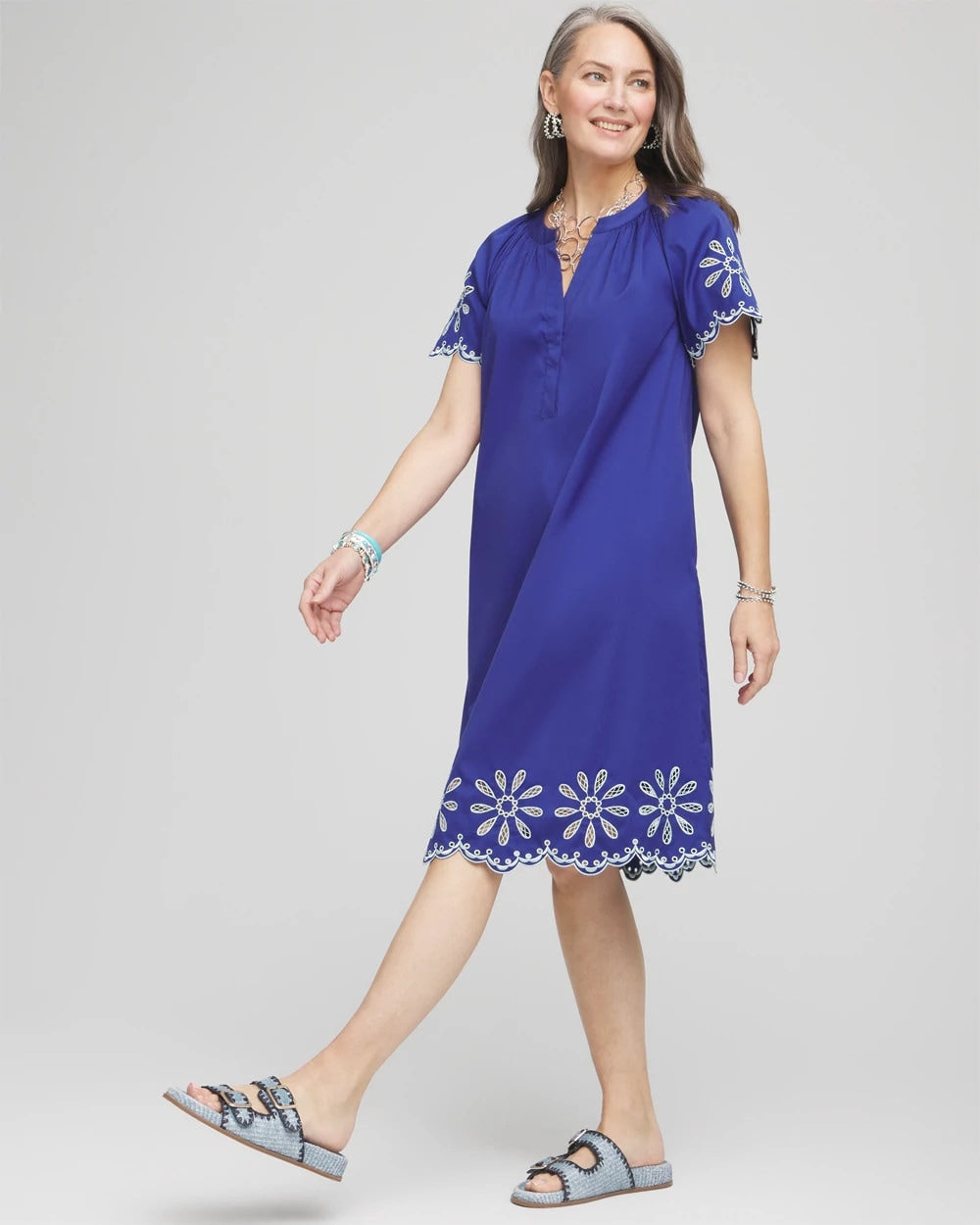 Chico's Great Value - Embroidered Poplin Popover Dress Blue Casa