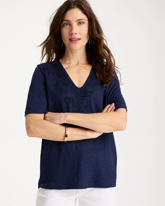 Chico's Classic - Flora Lace V-Neck Tee Passport Blue