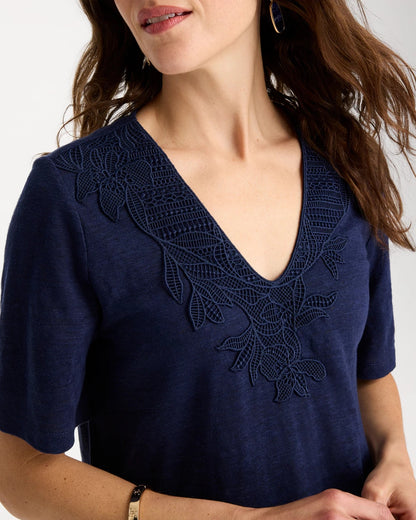 Chico's Classic - Flora Lace V-Neck Tee Passport Blue
