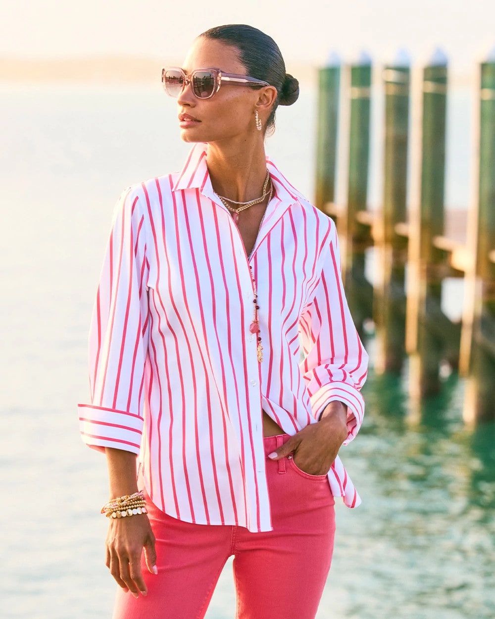 Chico's Trusted - No Iron™ Stretch Striped Shirt Calypso Coral