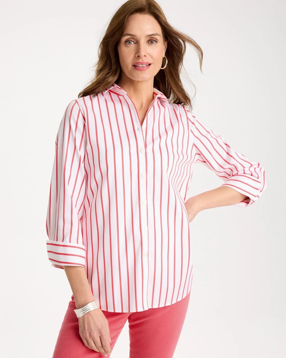 Chico's Trusted - No Iron™ Stretch Striped Shirt Calypso Coral