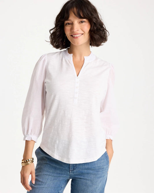 Chico's Special Offer - Ruffled V-Neck 3/4 Sleeve Top Alabaster