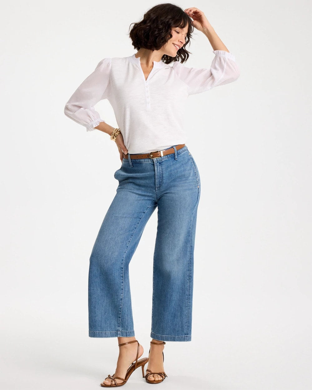Chico's Special Offer - Ruffled V-Neck 3/4 Sleeve Top Alabaster