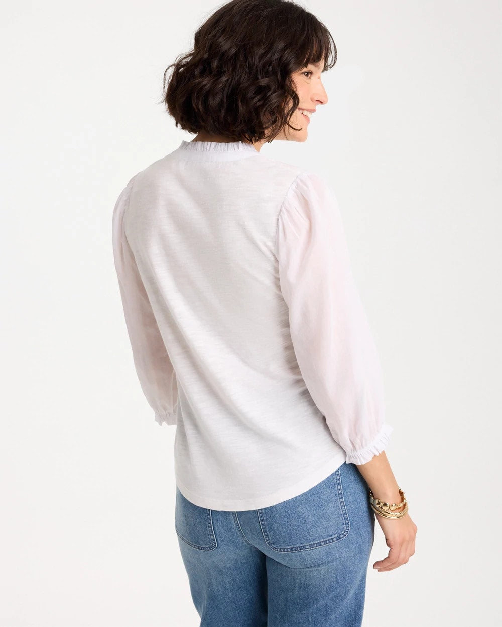 Chico's Special Offer - Ruffled V-Neck 3/4 Sleeve Top Alabaster