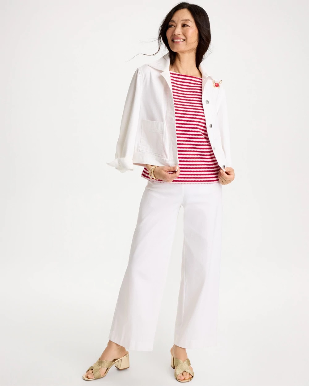 Chico's Trending - Cotton Striped Button Tee Cherry Lush