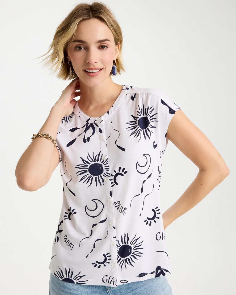 Chico's Classic - La Playa Refined Button Tee Passport Blue
