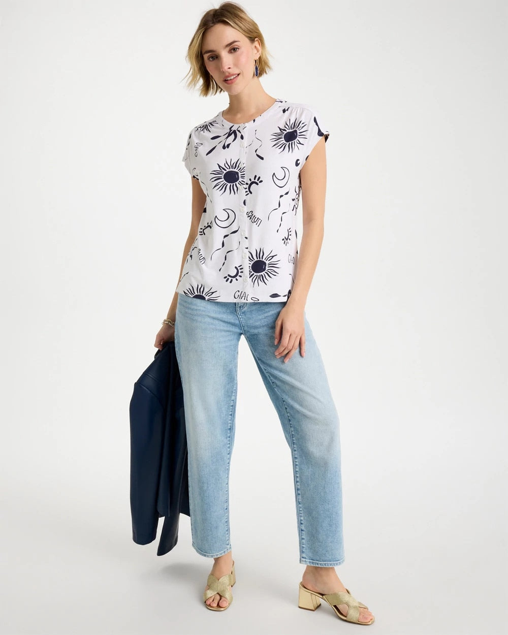 Chico's Classic - La Playa Refined Button Tee Passport Blue