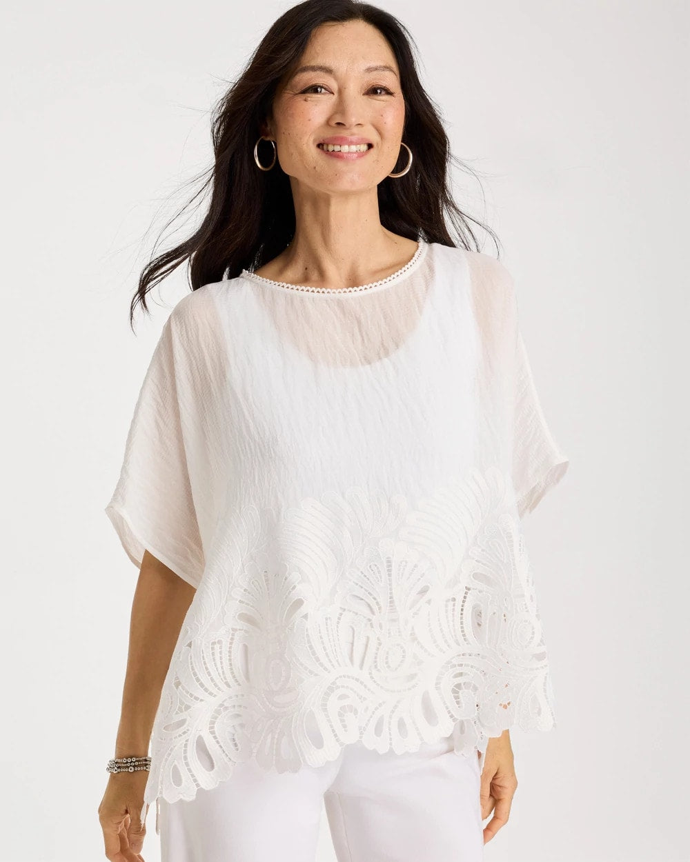 Chico's Latest - Crochet Lace Hem Poncho Alabaster