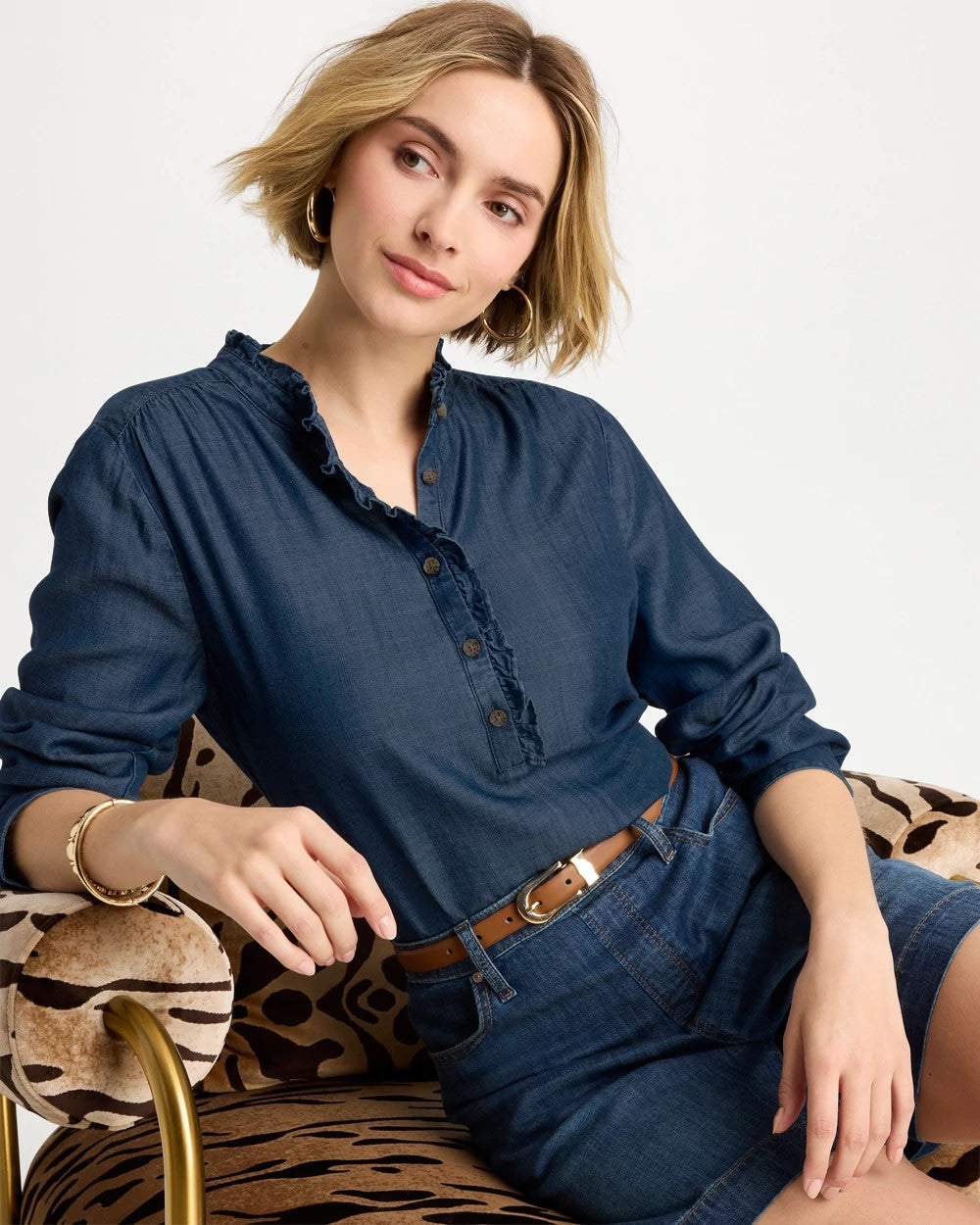 Chico's Great Value - Tencel Denim Ruffled Popover Shirt Solana Indigo