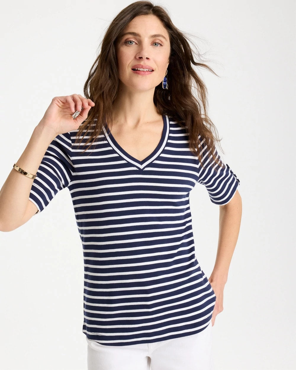 Chico's Special Offer - Pima Striped Elbow Sleeve Tee Passport Blue