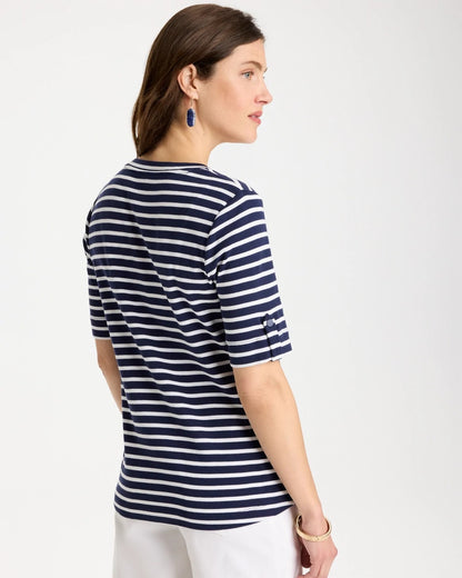 Chico's Special Offer - Pima Striped Elbow Sleeve Tee Passport Blue