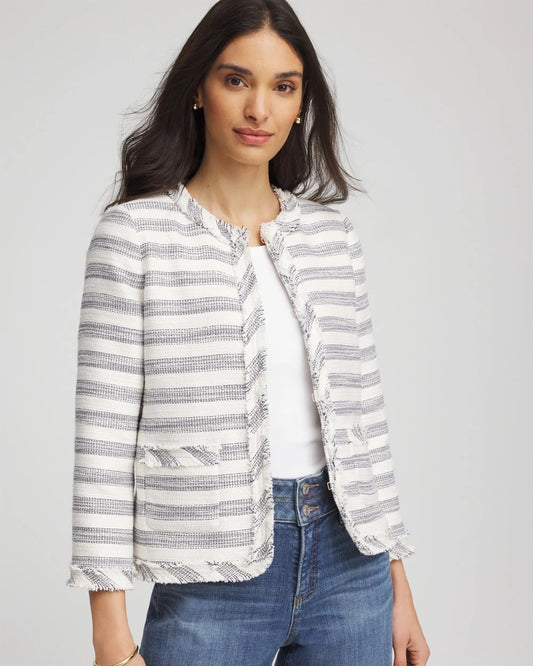 Chico's Discount - Striped Tweed Collarless Box Jacket Ecru