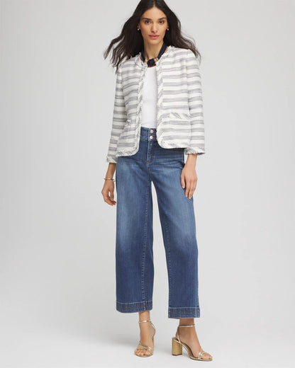 Chico's Discount - Striped Tweed Collarless Box Jacket Ecru