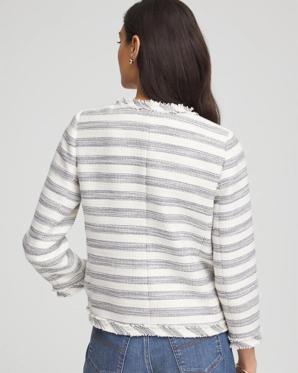 Chico's Discount - Striped Tweed Collarless Box Jacket Ecru