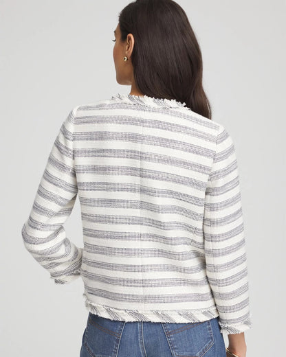 Chico's Discount - Striped Tweed Collarless Box Jacket Ecru