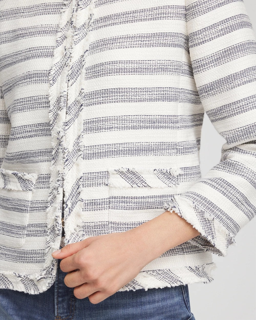 Chico's Discount - Striped Tweed Collarless Box Jacket Ecru