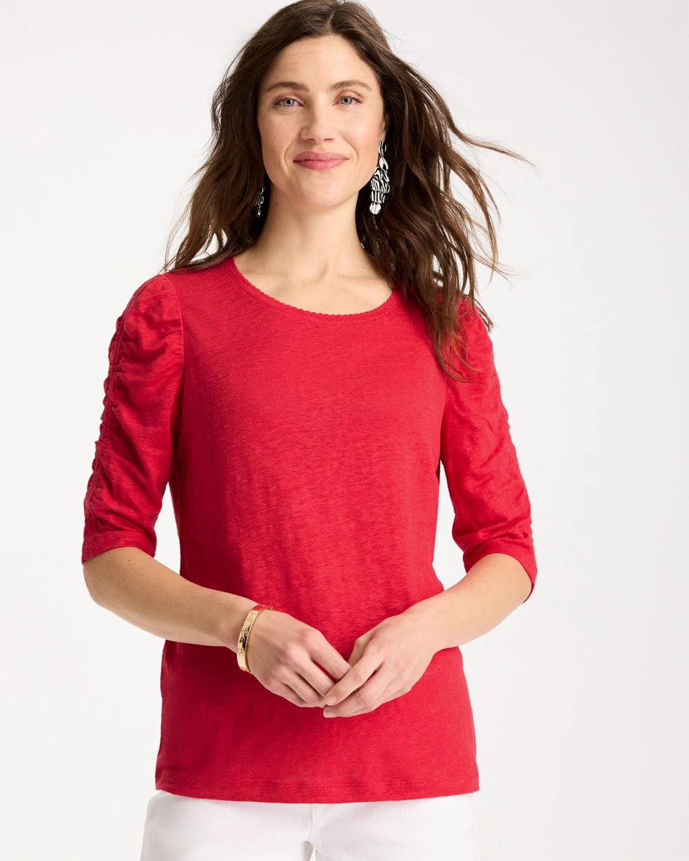 Chico's Hot Sale - Linen Ruched Sleeve Tee Cherry Lush