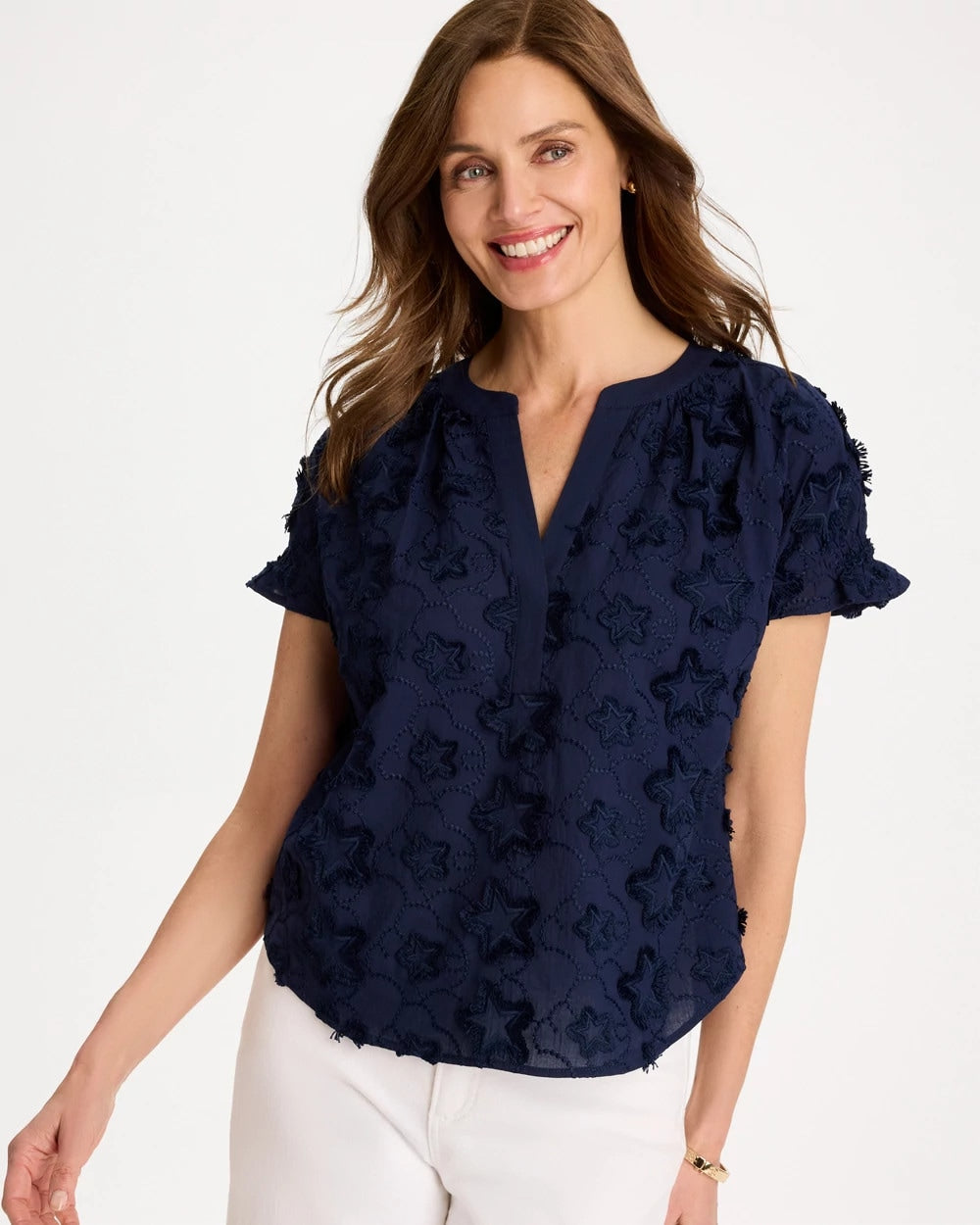 Chico's Featured - Cotton Embroidered Americana Star Blouse Passport Blue