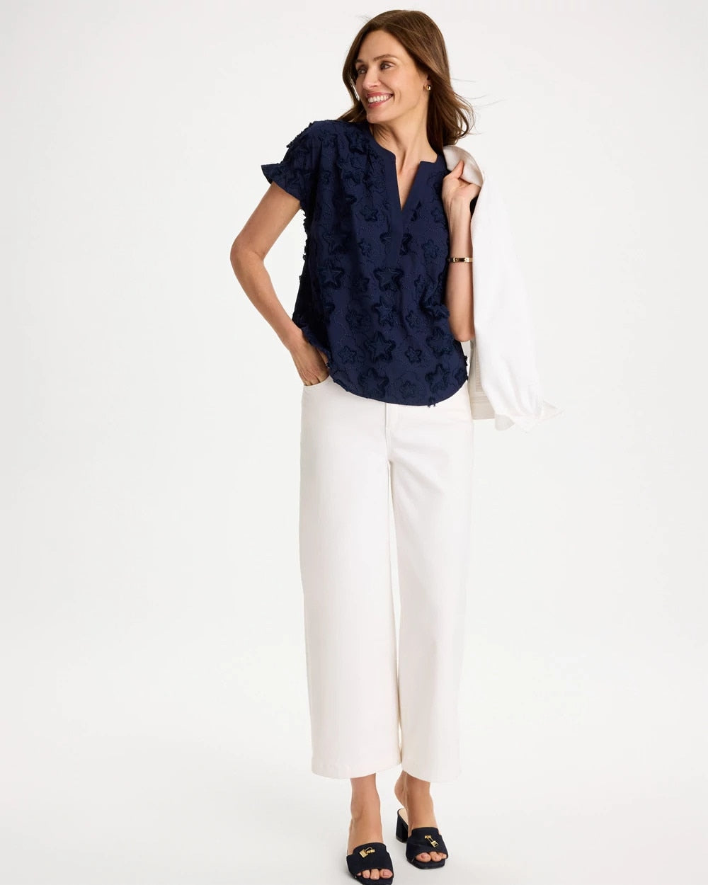 Chico's Featured - Cotton Embroidered Americana Star Blouse Passport Blue