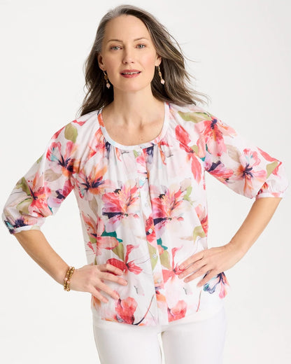 Chico's Trusted - Cotton Voile Croix Collage Blouse Calypso Coral