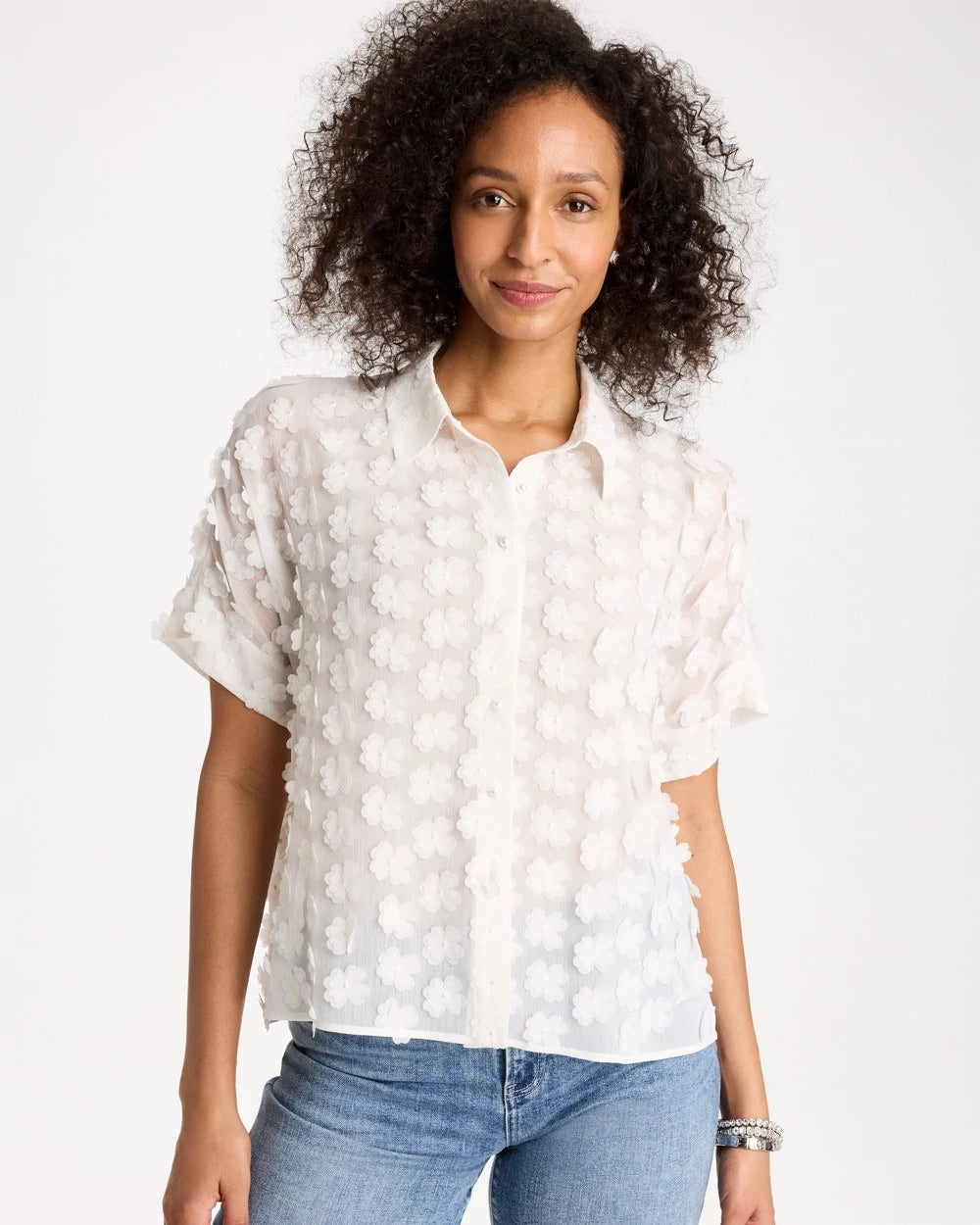 Chico's Top Pick - 3D Floral Chiffon Camp Shirt Alabaster