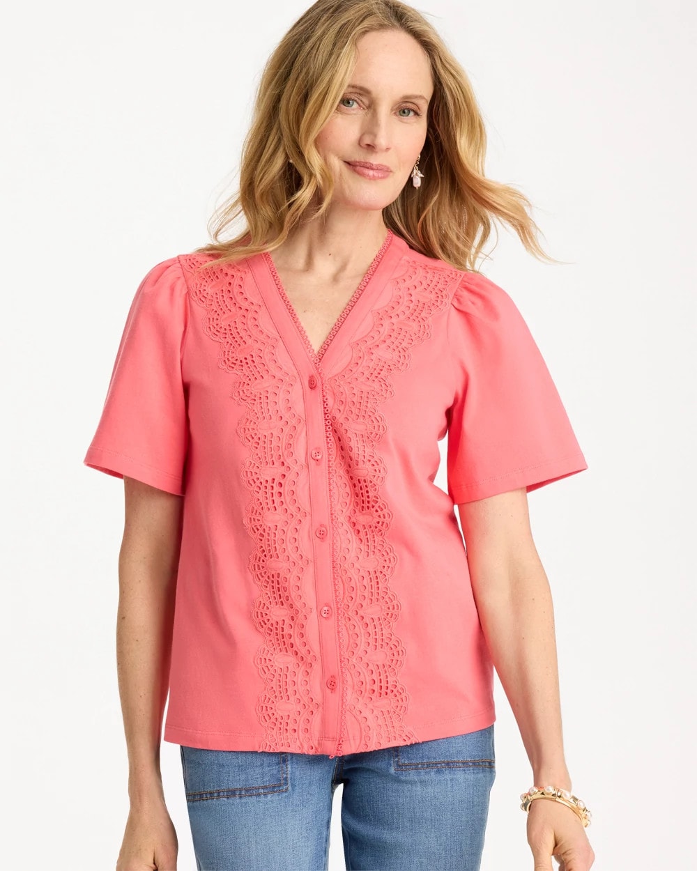 Chico's Hot Sale - Embroidered Button-Front Tee Calypso Coral