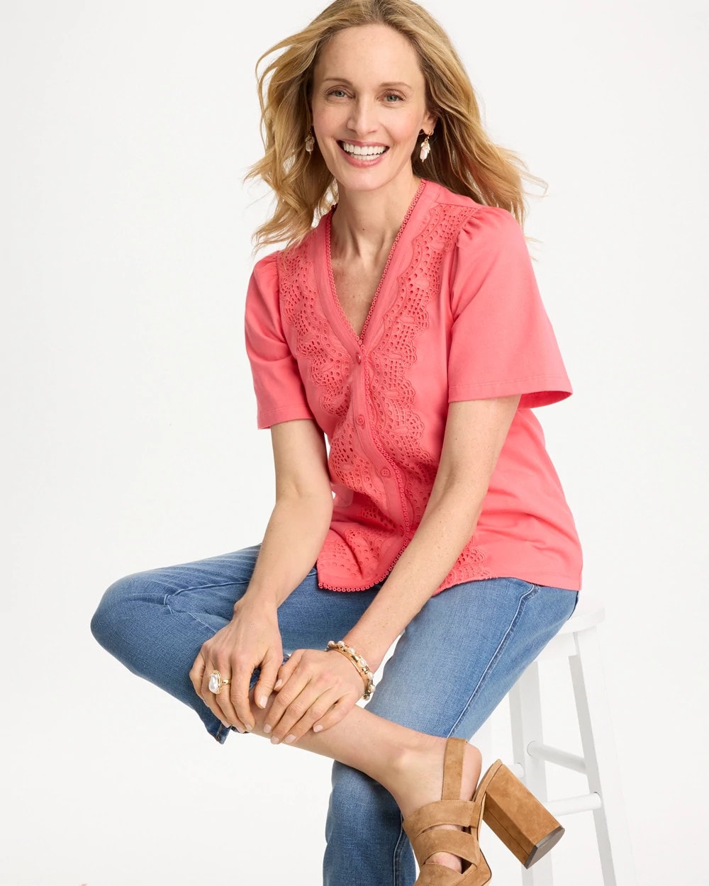 Chico's Hot Sale - Embroidered Button-Front Tee Calypso Coral