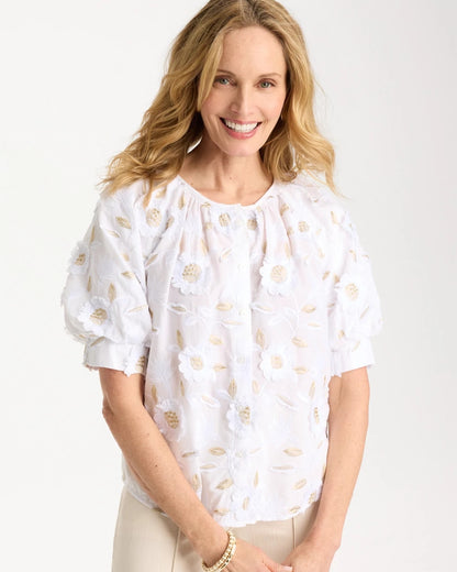 Chico's Top Pick - Cotton Metallic Applique Embroidered Top Alabaster