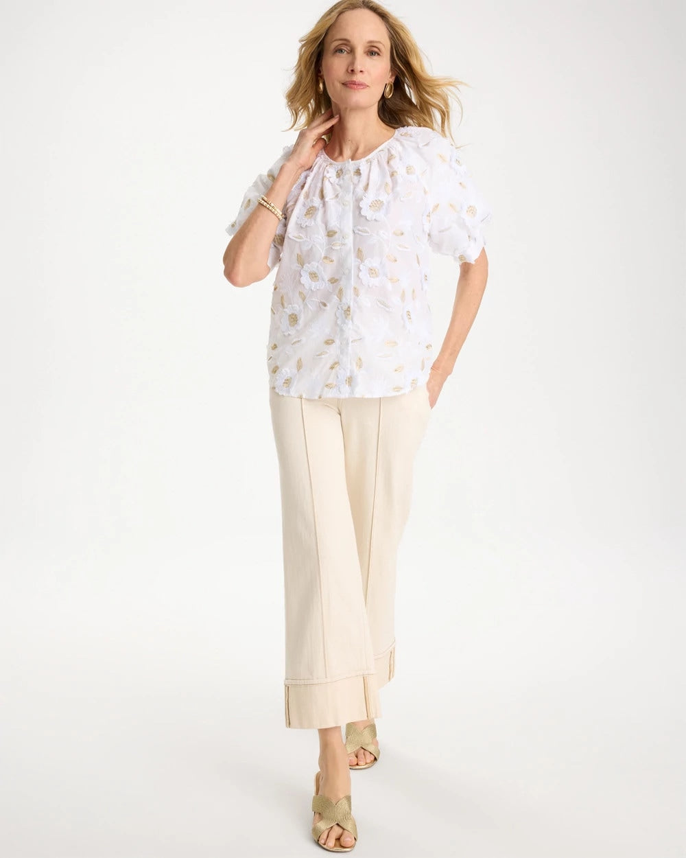 Chico's Top Pick - Cotton Metallic Applique Embroidered Top Alabaster