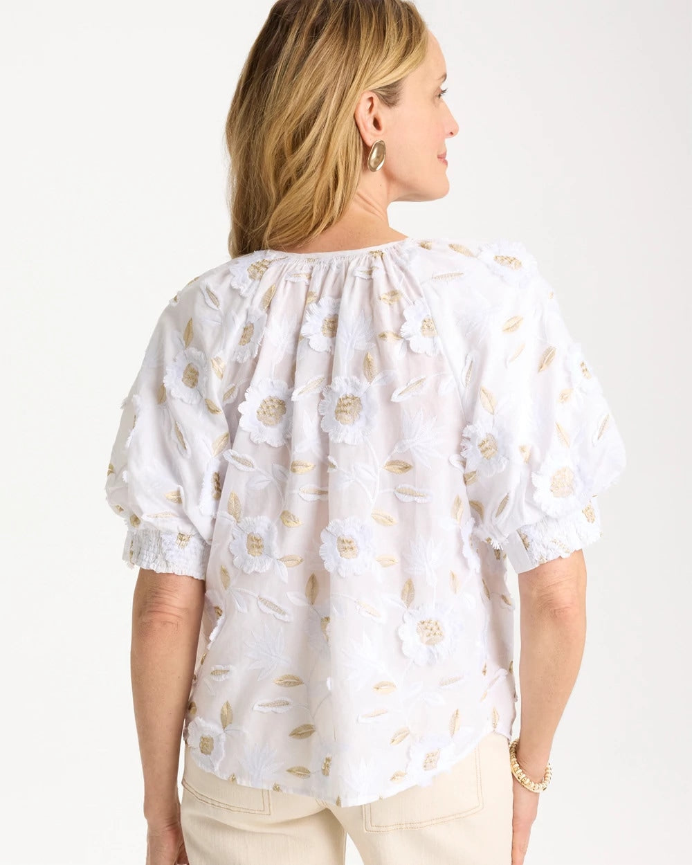 Chico's Top Pick - Cotton Metallic Applique Embroidered Top Alabaster