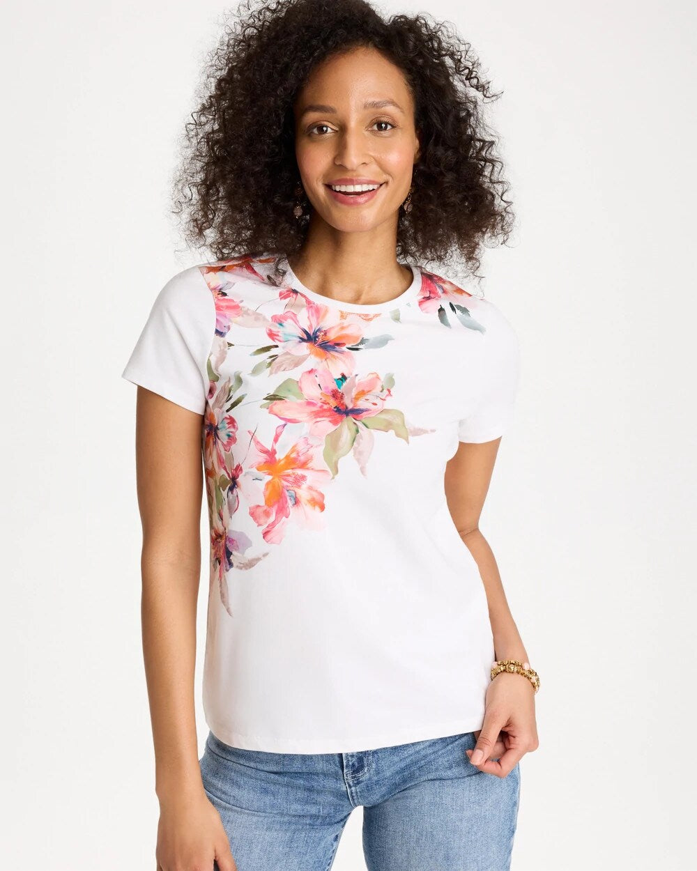 Chico's Discount - Cotton Stretch Ethereal Floral Cap Sleeve Tee Calypso Coral