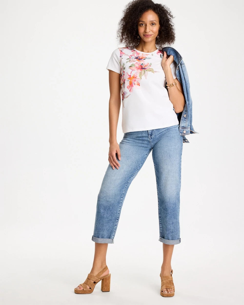 Chico's Discount - Cotton Stretch Ethereal Floral Cap Sleeve Tee Calypso Coral