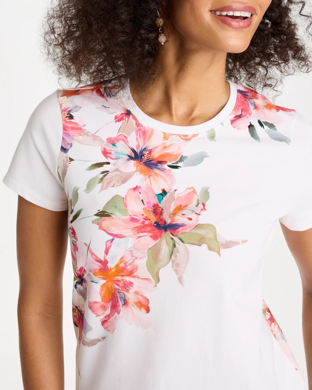 Chico's Discount - Cotton Stretch Ethereal Floral Cap Sleeve Tee Calypso Coral