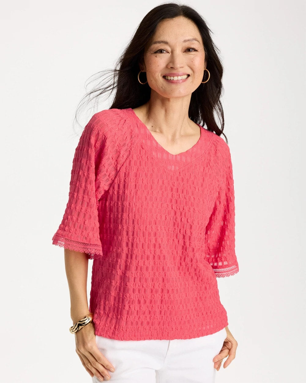 Chico's Deals - Crinkle Lace Knit Raglan Tee Calypso Coral