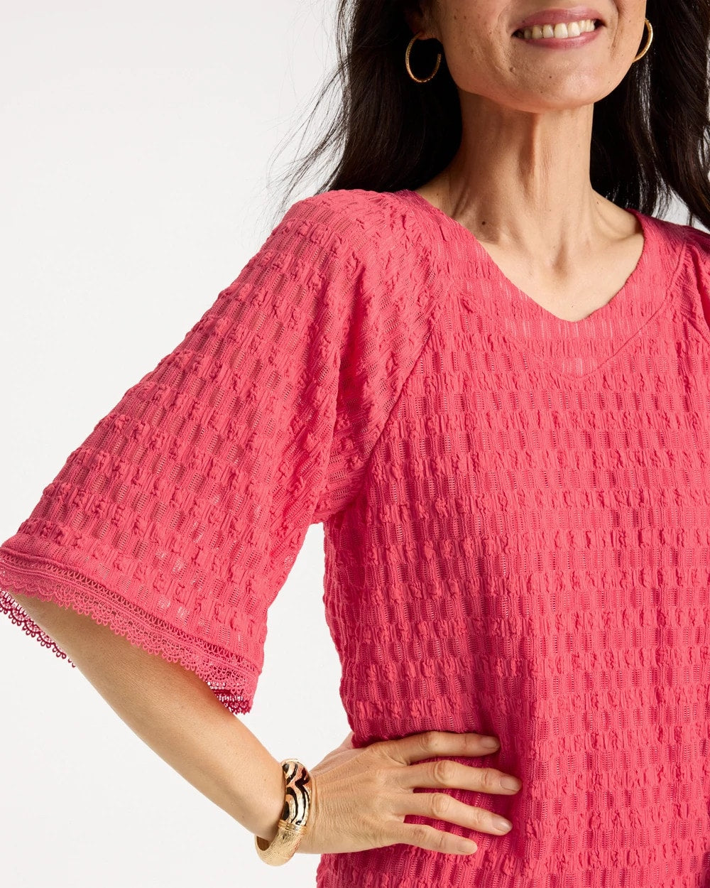 Chico's Deals - Crinkle Lace Knit Raglan Tee Calypso Coral