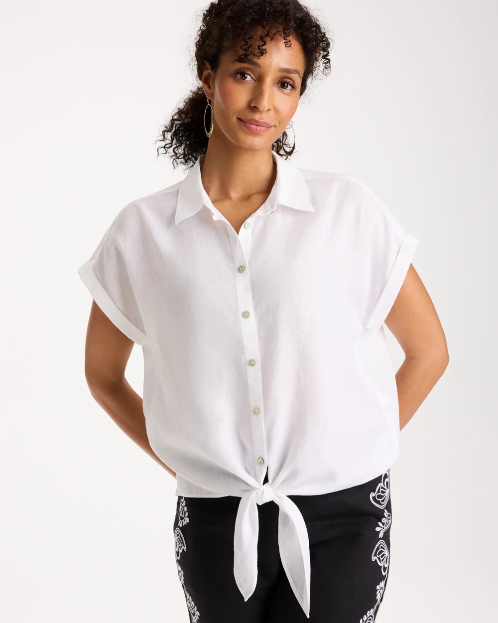 Chico's Latest - No Iron™ Linen Tie-Front Cap Sleeve Shirt Optic White