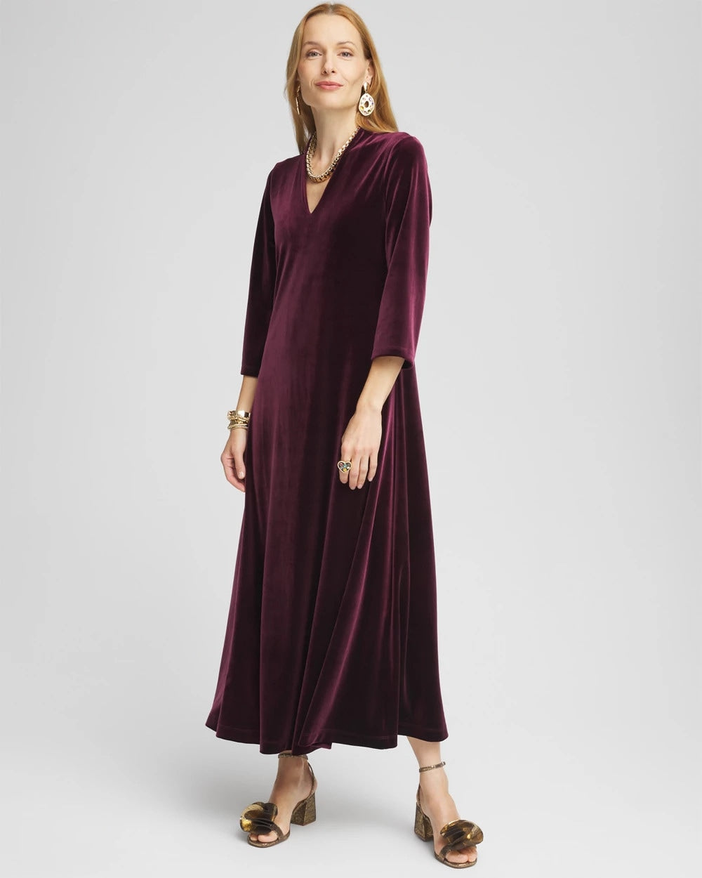 Chico's Best Seller - V-Neck Velour Midi Dress Deep Raisin