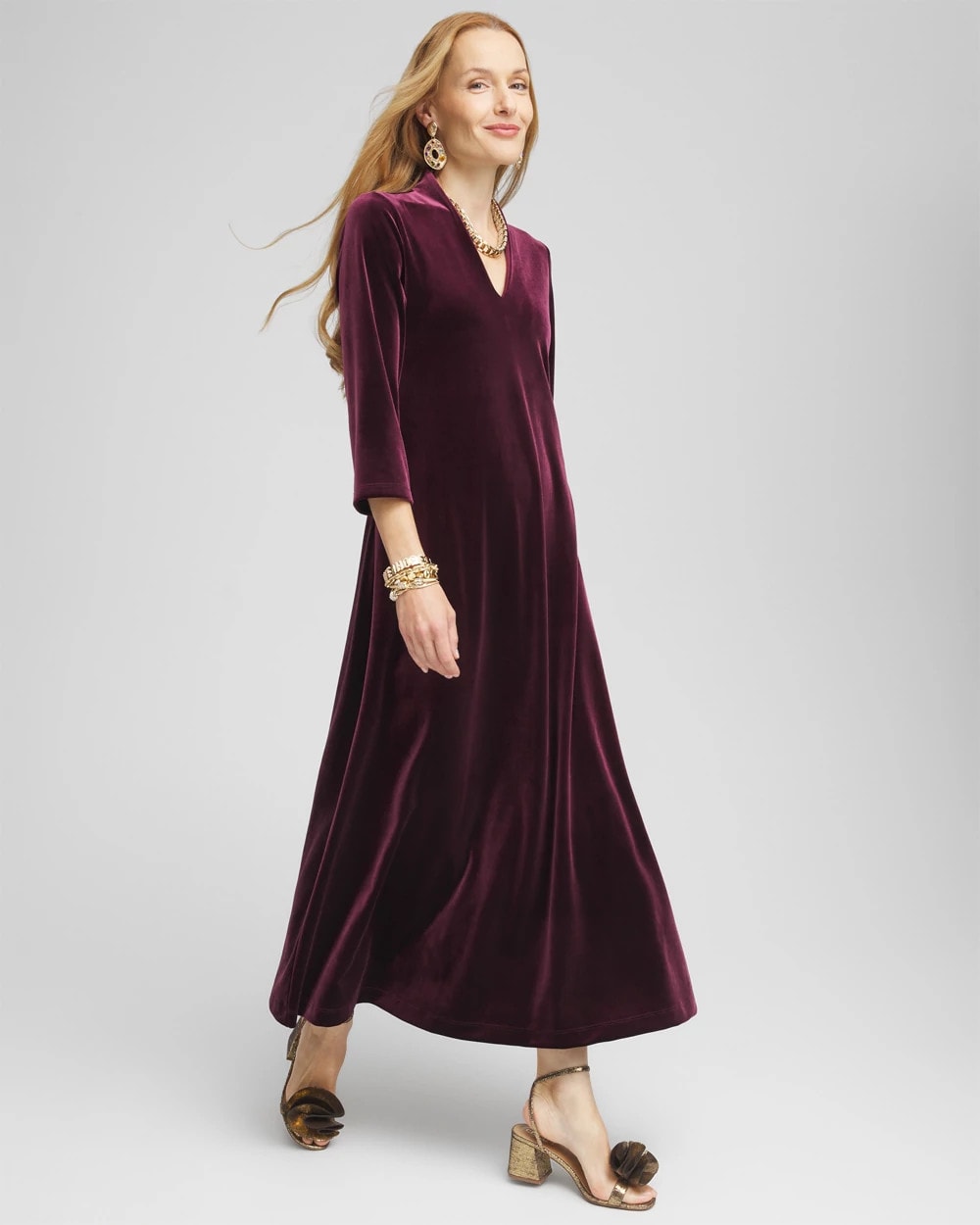 Chico's Best Seller - V-Neck Velour Midi Dress Deep Raisin