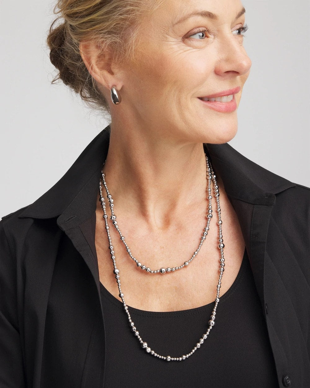 Chico's Everyday - Silvertone Long Beaded Necklace Silver
