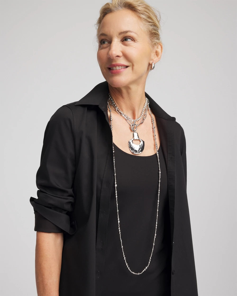 Chico's Everyday - Silvertone Long Beaded Necklace Silver