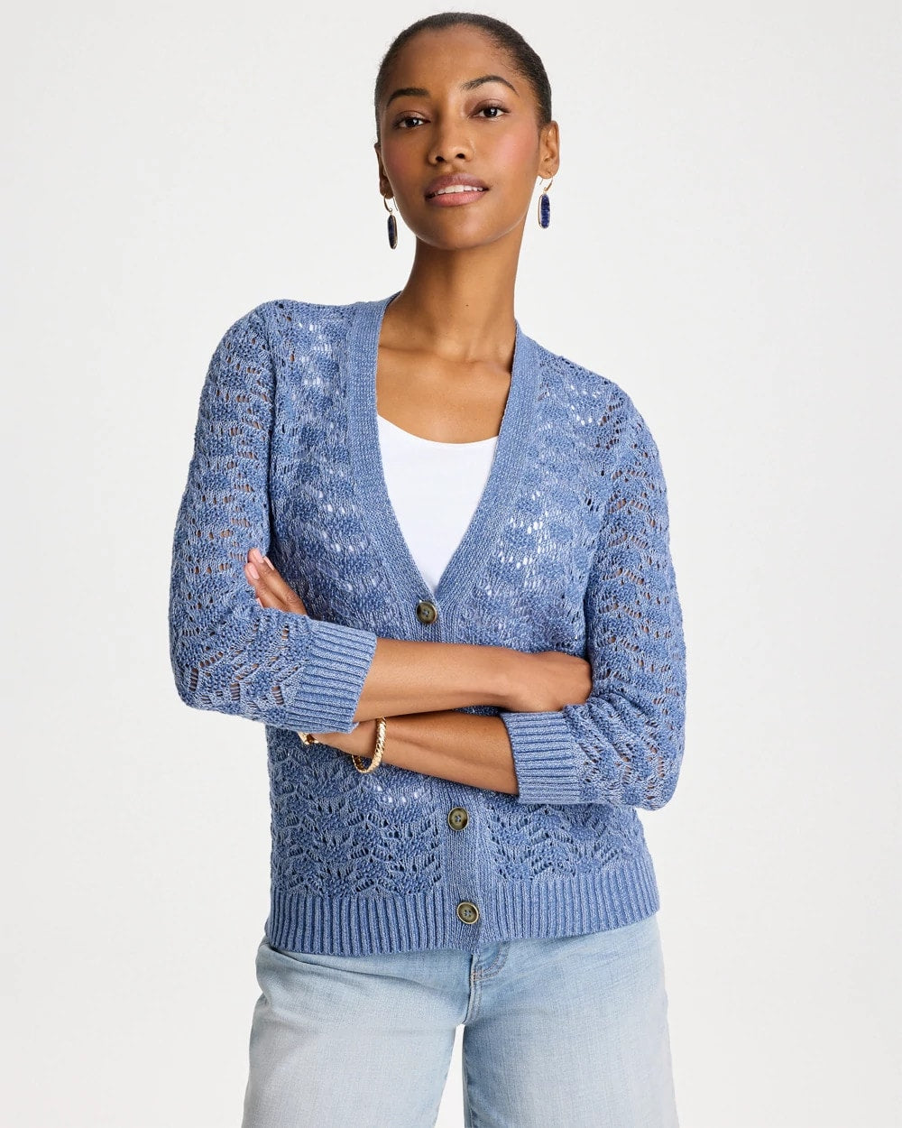 Chico's Exclusive - Crochet Knit Pointelle Cardigan Denim